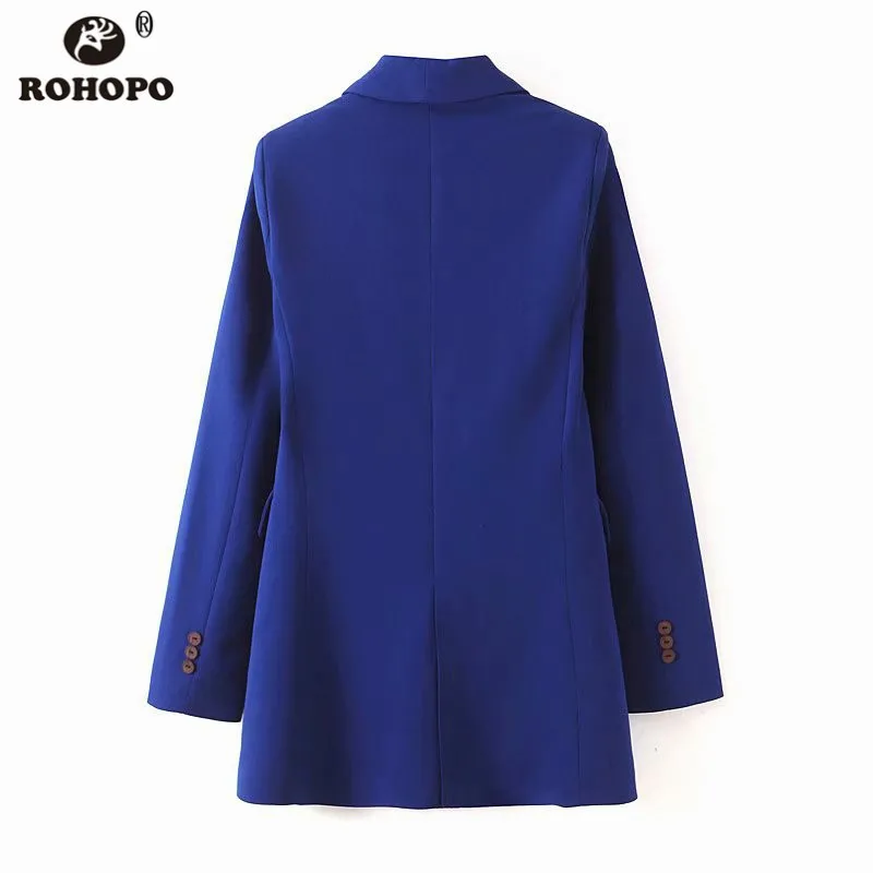 ROHOPO Women Doubles Breast Buttons Blazer pitched Fly Solid Blue Office Ladies Slim Outwear Female Autumn chaqueta #BM2191