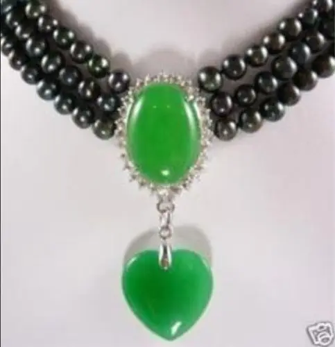 

Free shipping >>>>>>Natural 3 rows 7-8mm black pearl necklace green jadeite jade pendant