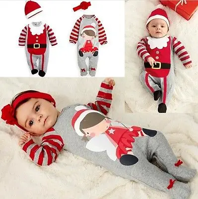 

2 Pcs Newborn Baby boys Girls Xmas Santa Claus Rompers Infant Babies Kid Cute Christmas Romper+hat/headband Outfits Kids Clothes