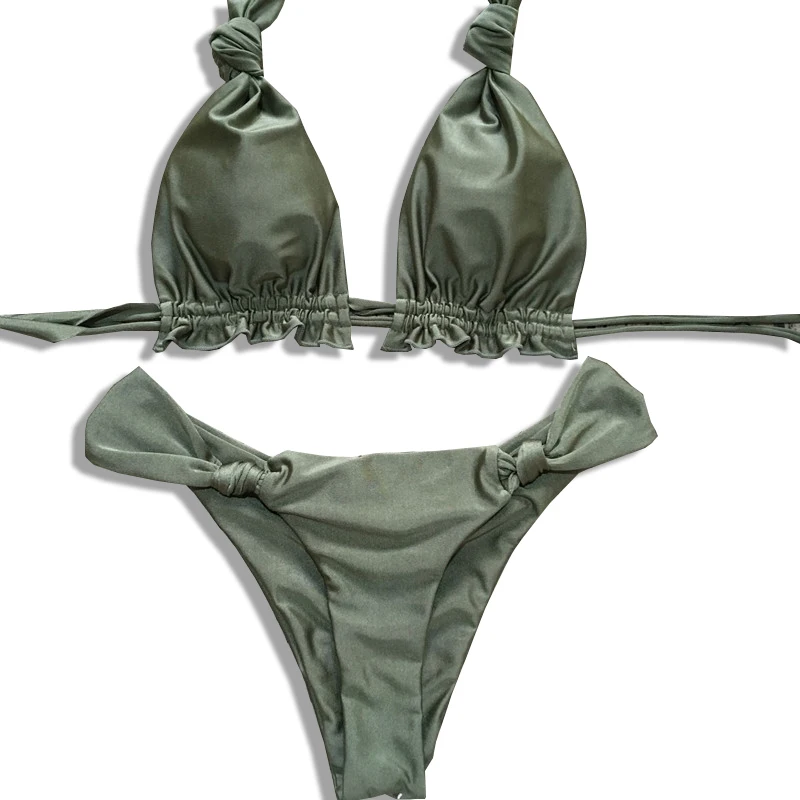 Гладкое бикини набор женский сексуальный пуш-ап женский пляжный купальник купальный костюм раздельный женский бикини - Цвет: green