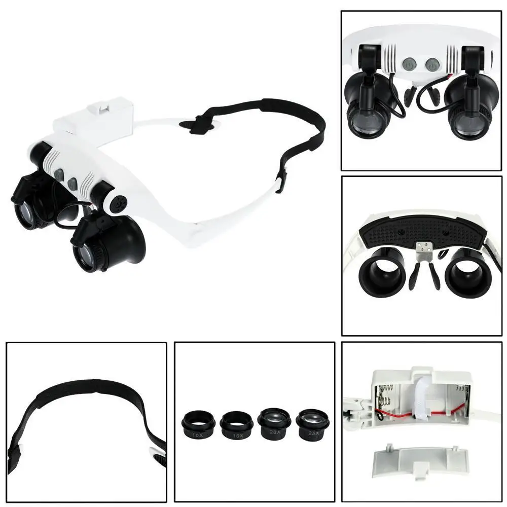 

4 lenses Headband Binoculars LED Magnifying Glass 2 LED Magnifier Glasses Loupe Headlamp Loupe Microscope Jewelry Watch Repair