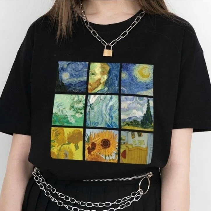 

Fashionshow-JF 1pcs Van Gogh Monet Oil Painting T-Shirt Summer Tops Women Vintage Fashion Aesthetic Graphic Tee Casual White