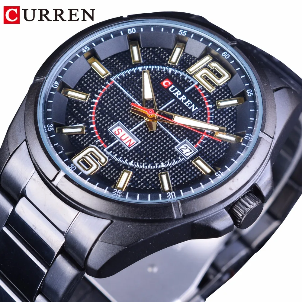 

CURREN Black Stainless Steel Calendar Waterproof Luminous Hands Calendar Week Display Mens Sport Quartz Watches Top Brand Luxury