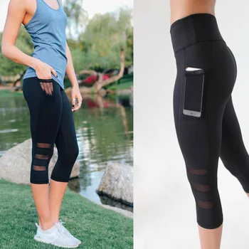 

Women Legging Mesh Black Leggings Plus Size Sexy Fitness Sporting Pants With Pocket Mid-Calf Trousers Jegging