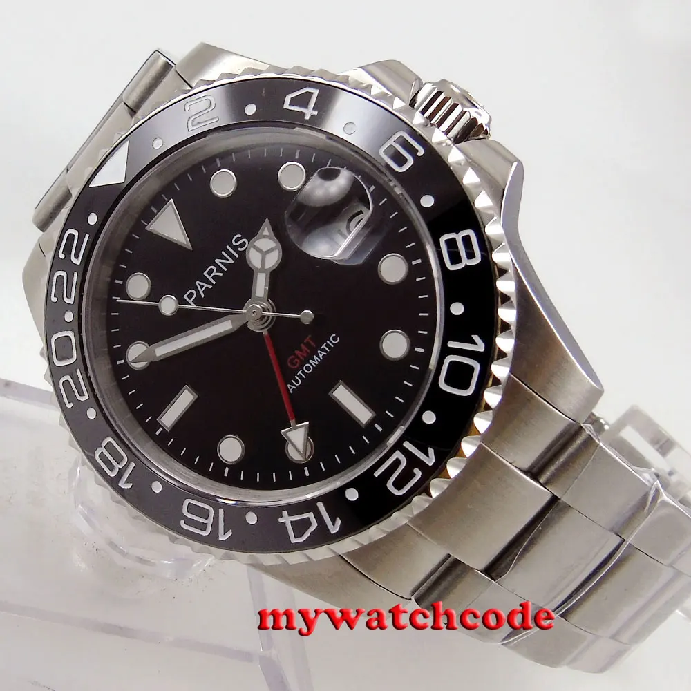 40mm Parnis black dial GMT Sapphire glass Ceramic bezel automatic mens watch 688 40mm Parnis black dial GMT Sapphire glass Ceramic bezel automatic mens watch 688