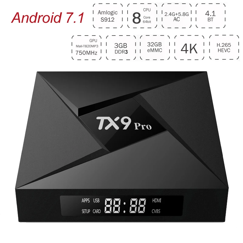 

TX9 Pro Android 7.1 TV Box Amlogic S912 Octa Core 3GB 32GB 4K Smart Media Player Bluetooth 2.4G/5.8G AC Dual Band Wifi 5pcs DHL