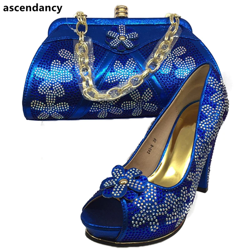Nigerian Party Shoe and Bag Sets Royal Blue Italian Ladies Shoes Set Decorated with Rhinestone African | Обувь