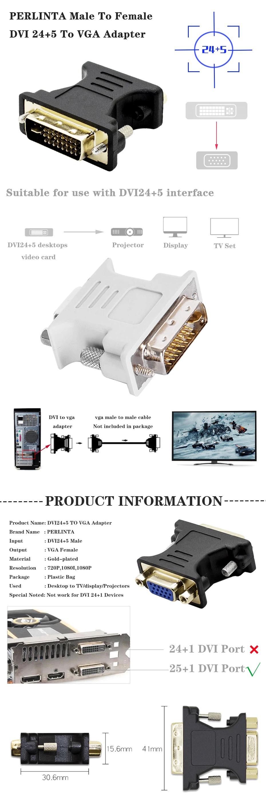 Perlinta DVI to VGA adapter DVI 24+5 to VGA Male To Female Converter Adapter for PC Laptop