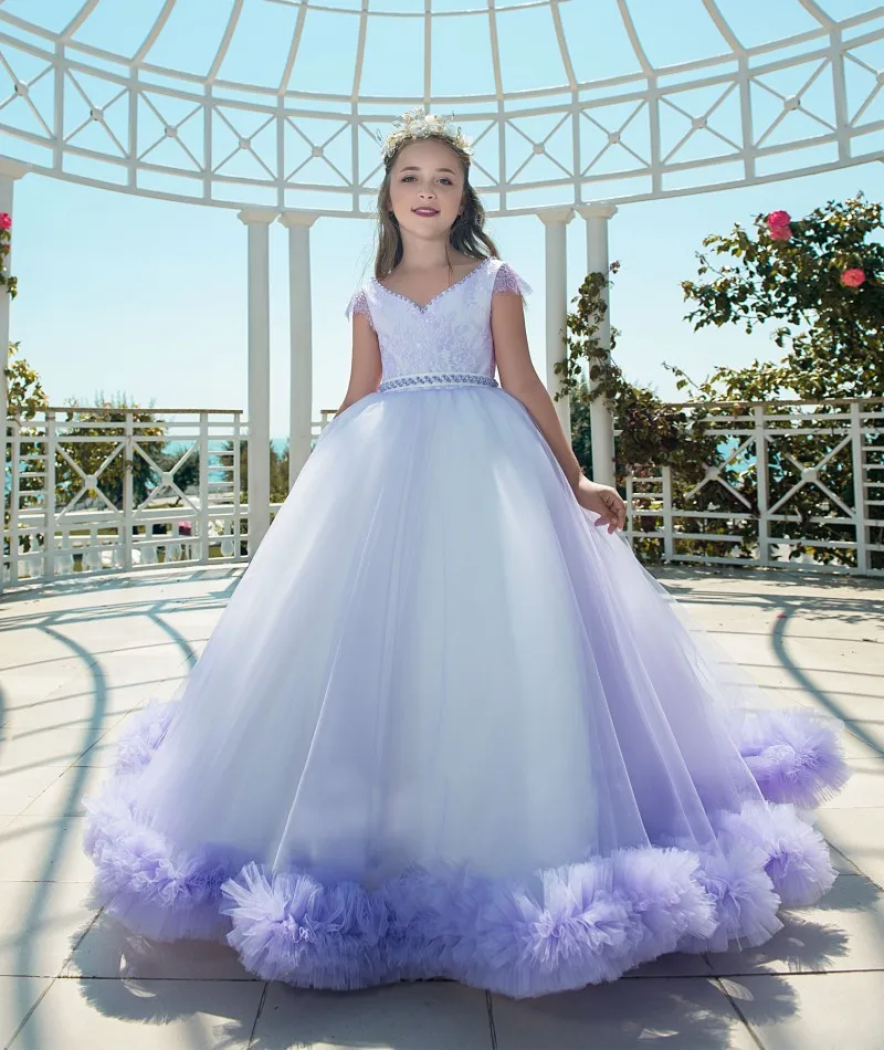 Lace Pearls Ball Gown V Neck Sashes Tulle Bows Purple Hair Flower