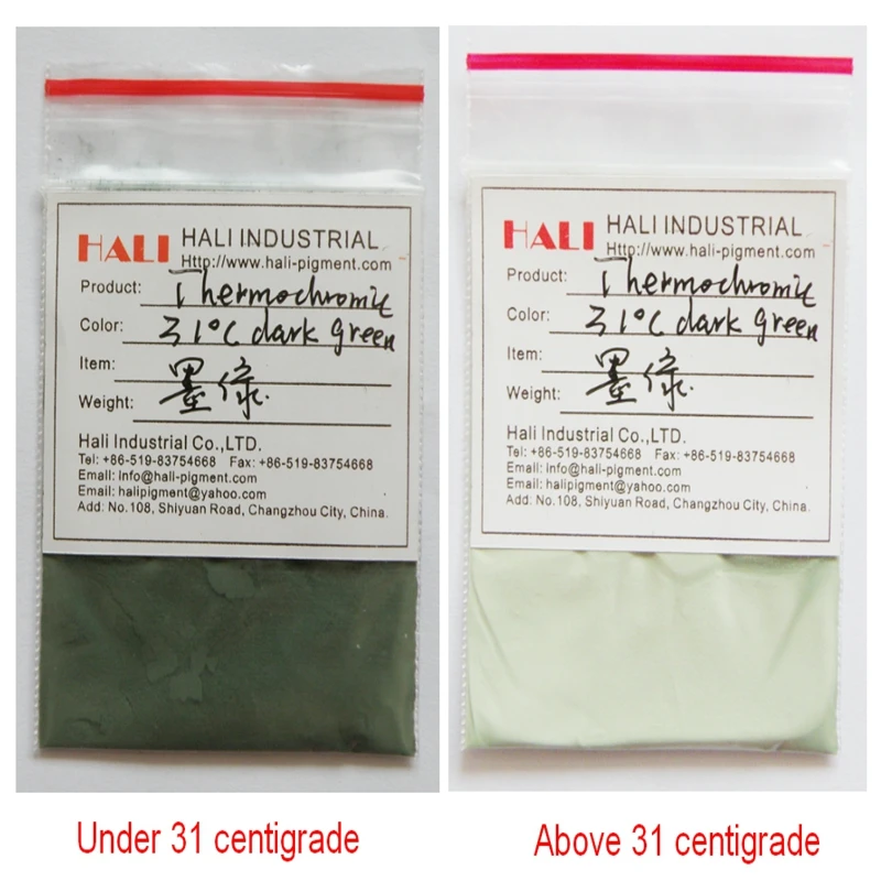 

thermochromic powder,hot active pigment,heat sensitive pigment,color:dark green,activate temperature:22C,31C,45C,1lot=10g.