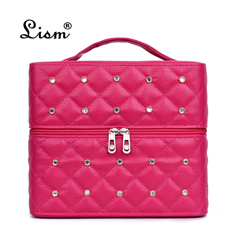 

LISM Brand Women Cosmetic Box Makeup Bag Female Diamond Professional Cosmetic Bag Women Three Layers Makeup Case Pouch Necese