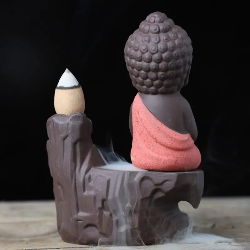 Reflow Ceramic Little Monk Buddha Smoke Backflow Cone Stick Censer Incense Burner Holder Decoration Aromatherapy