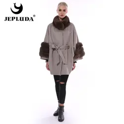 JEPLUDA новая кашемировое пальто Bat Тип плюс Размеры натуральным лисьим мехом обувь из 100% натуральной шерсти смеси натурального меха пальто