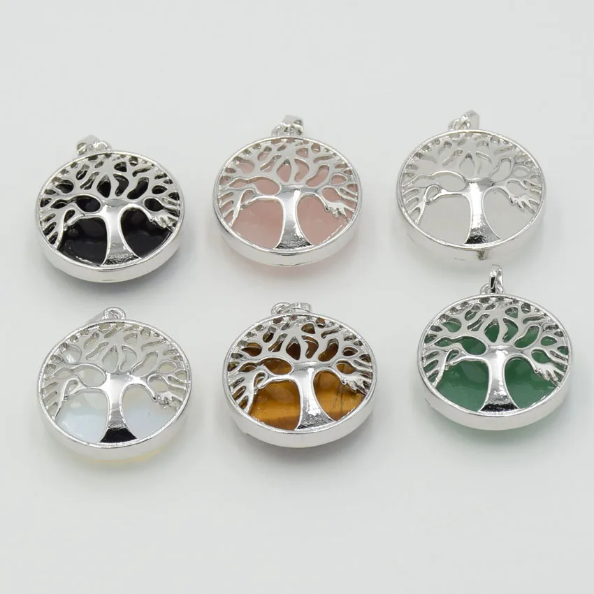 

Natural Round Gem Stone Tree of Life Necklaces Pendants Jewelry White Crystal Pink Quartz Lapis Lazuli Tiger Eye Opal Pendant