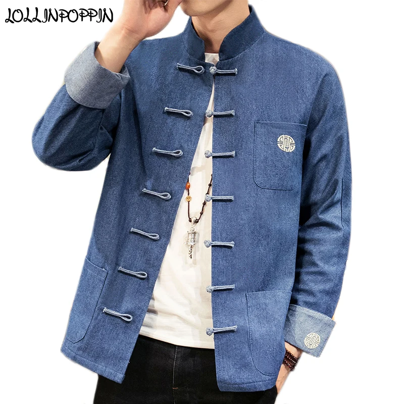 Chinese Style Embroidery Men Denim Jacket Frog Closure Single Breasted