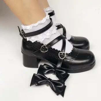 

Sweet Bows Cross Straps Lolita Heels Shoes Cosplay Japanese Pumps for Women Black