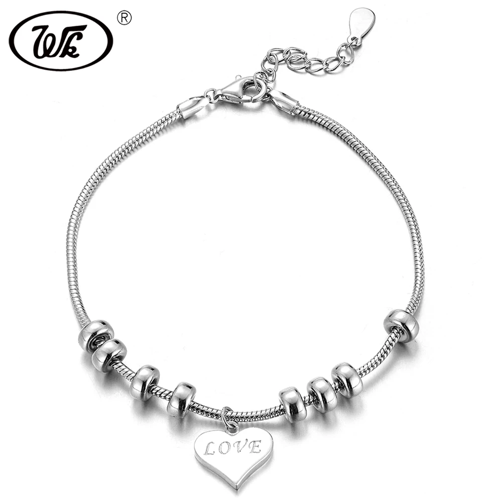 

WK Real Pure 925 Sterling Silver Bracelet Bangle 1.5MM Snake Chain Beads Charm Heart Bracelets Bangles For Women Girls W9 BA048