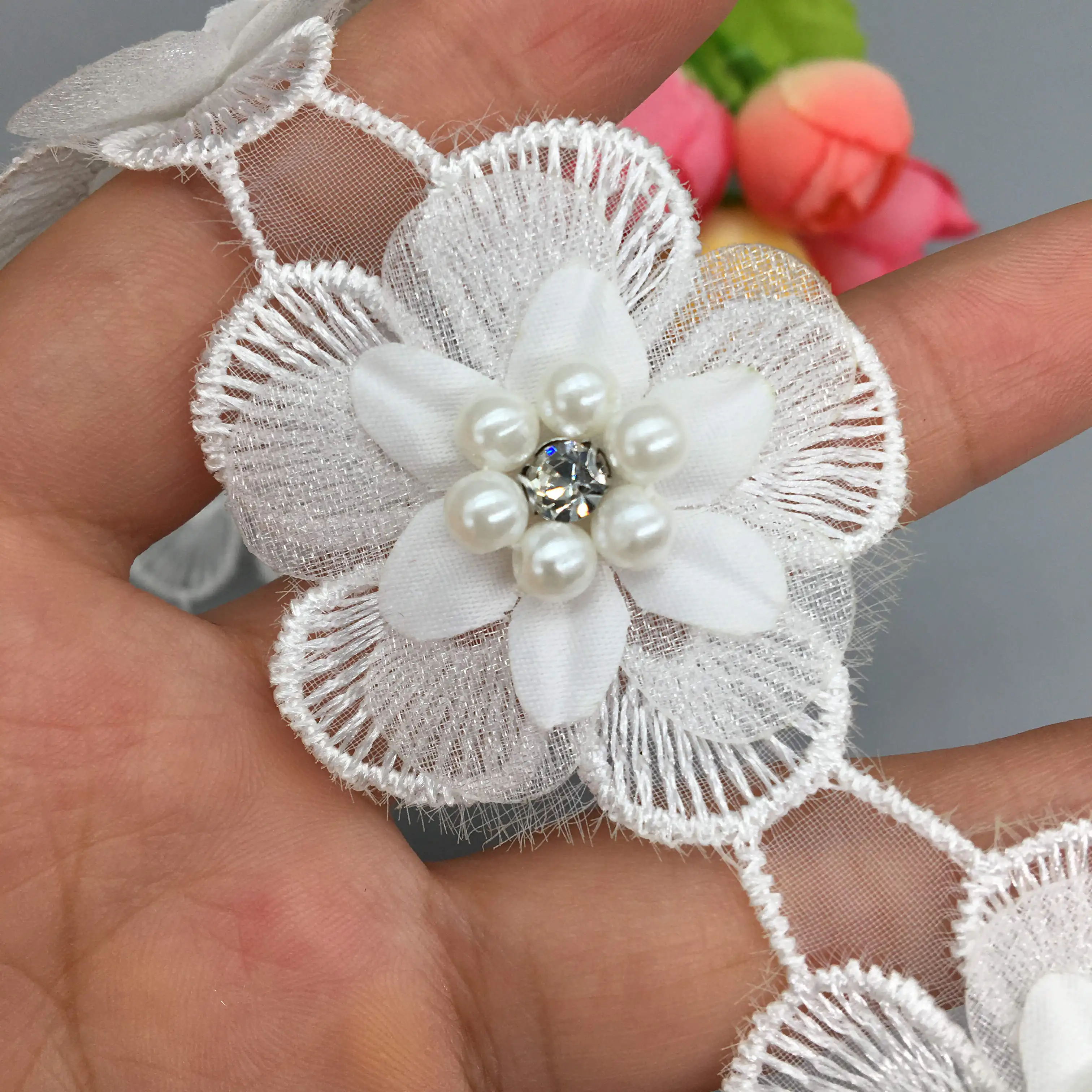 

10x Pearl Flowers 3D Rhinestones French Lace Fabric Trim Embroidered Applique Wedding Dress Patches Sewing Craft Accessories