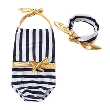 Новинка года Дети Купальник бикини Купальники для малышек цельный молодой Купальник для девочек пляжные 2 шт. полосатый золото висит Средства ухода за кожей шеи Купальники для детей