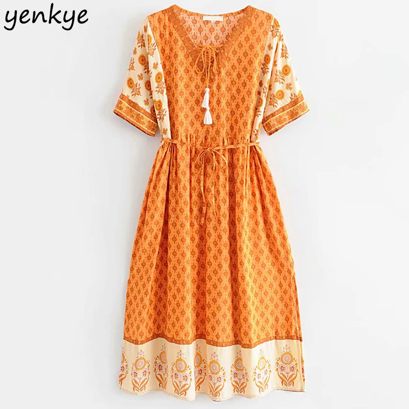 

Women Floral Print Holiday Bohemian Summer Dress Lady Lace Up V Neck Short Sleeve Sashes A-line Casual Beach Dress robe femme