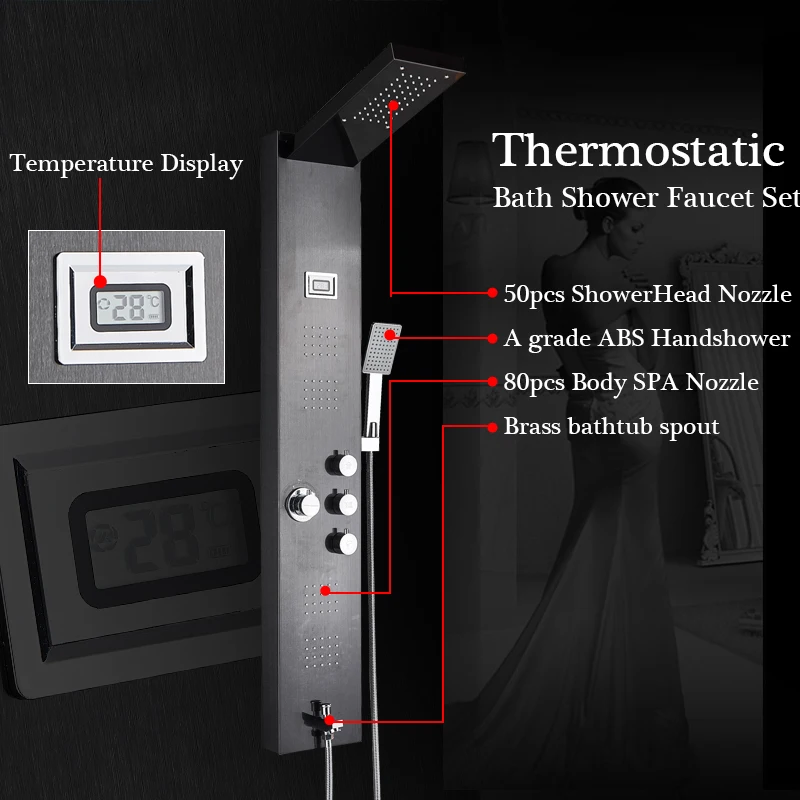 Черный Ванная комната душа панельная башня душевая колонна кран смесители большой осадки Насадки для душа с для spa массажа тела струй