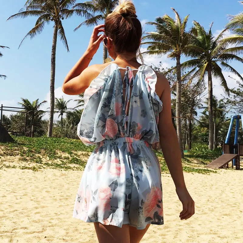 

new 2019 women v neck printed shorts falbala backless snow spins condole connected jumpsuits