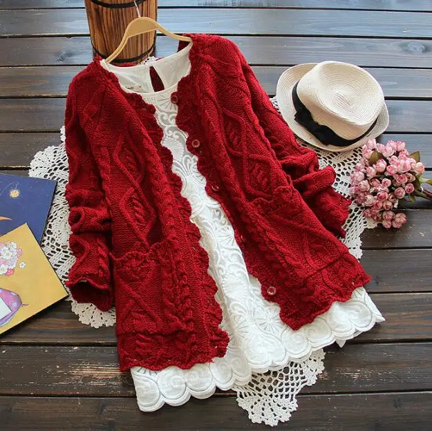 

Hollow hook flower twist wool femine Cardigan sweater mori girl autumn winter