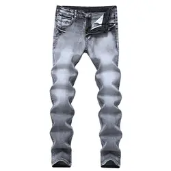Для мужчин джинсы для женщин рваные, Стретч Дизайн Модные ботильоны молния узкие джинсы прямые серые с принтом