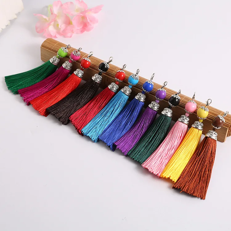 

5PC Mix color Silk Tassel Acrylic Beads Cap Charm for Jewelry Findings Bags Moblie Making Mob Straps Keychain Components B