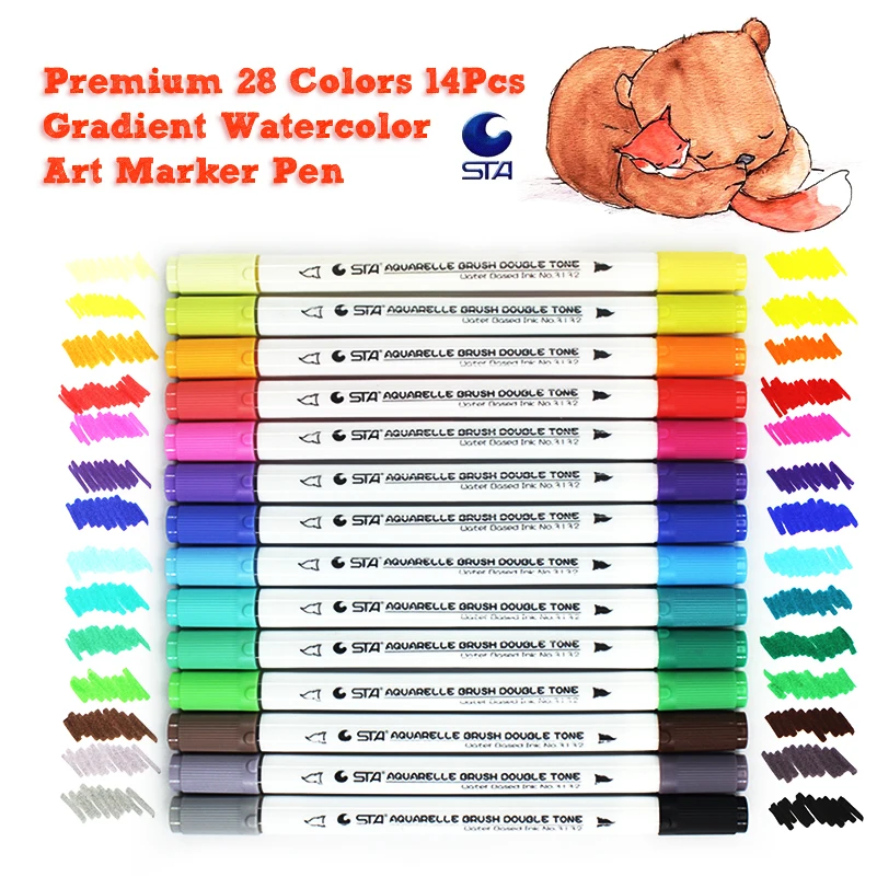 

STA 14Pcs Dual Tip Soft Brush Tip Watercolor Art Marker Set Water Soluble Double Color Brush Marker Pen For Design Manga