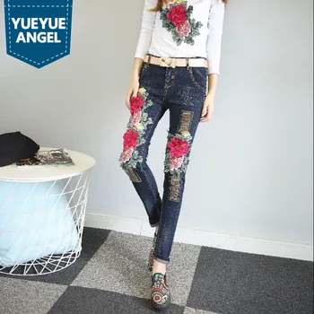 

New Indie Folk Mid Waist Embroidery Floral Patchwork Autumn Pantalon Mujer Ripped Retro Top Streetwear Denim Trousers For Women