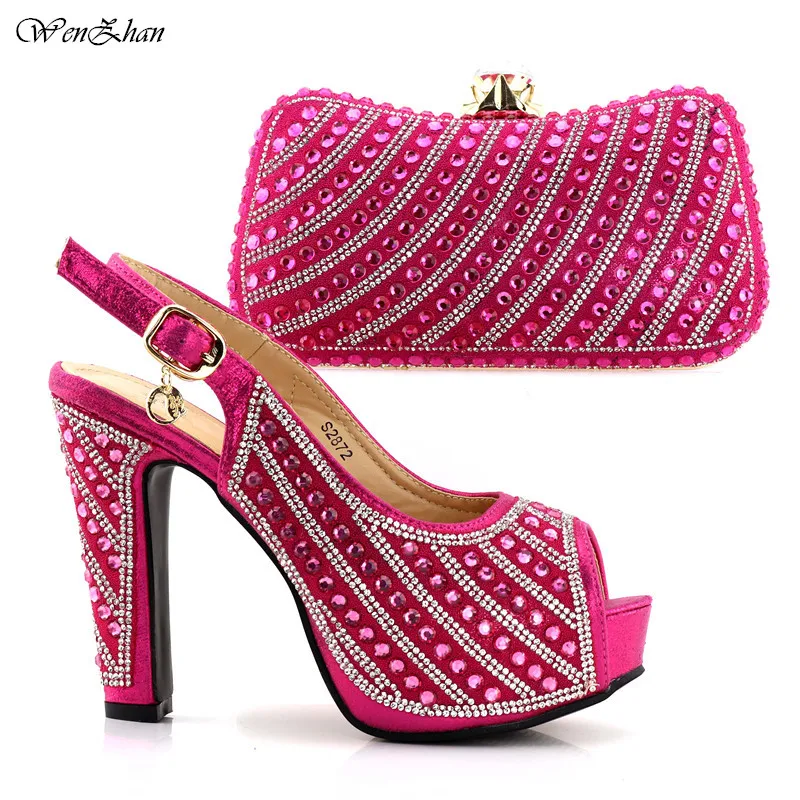 

WENZHAN Fashion Fuchsia High Heel Open Toe Shoes And Clutch Bag Matching Decorated With Colorful Rhinestone For Party C82-1
