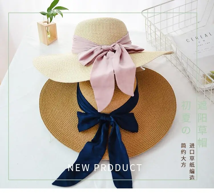 Бин Юань Хао Сюань Лето Большой соломенная шляпа с полями гибкие широкие поля Защита от Солнца кепки бантом пляжные складные шляпы новый 2019