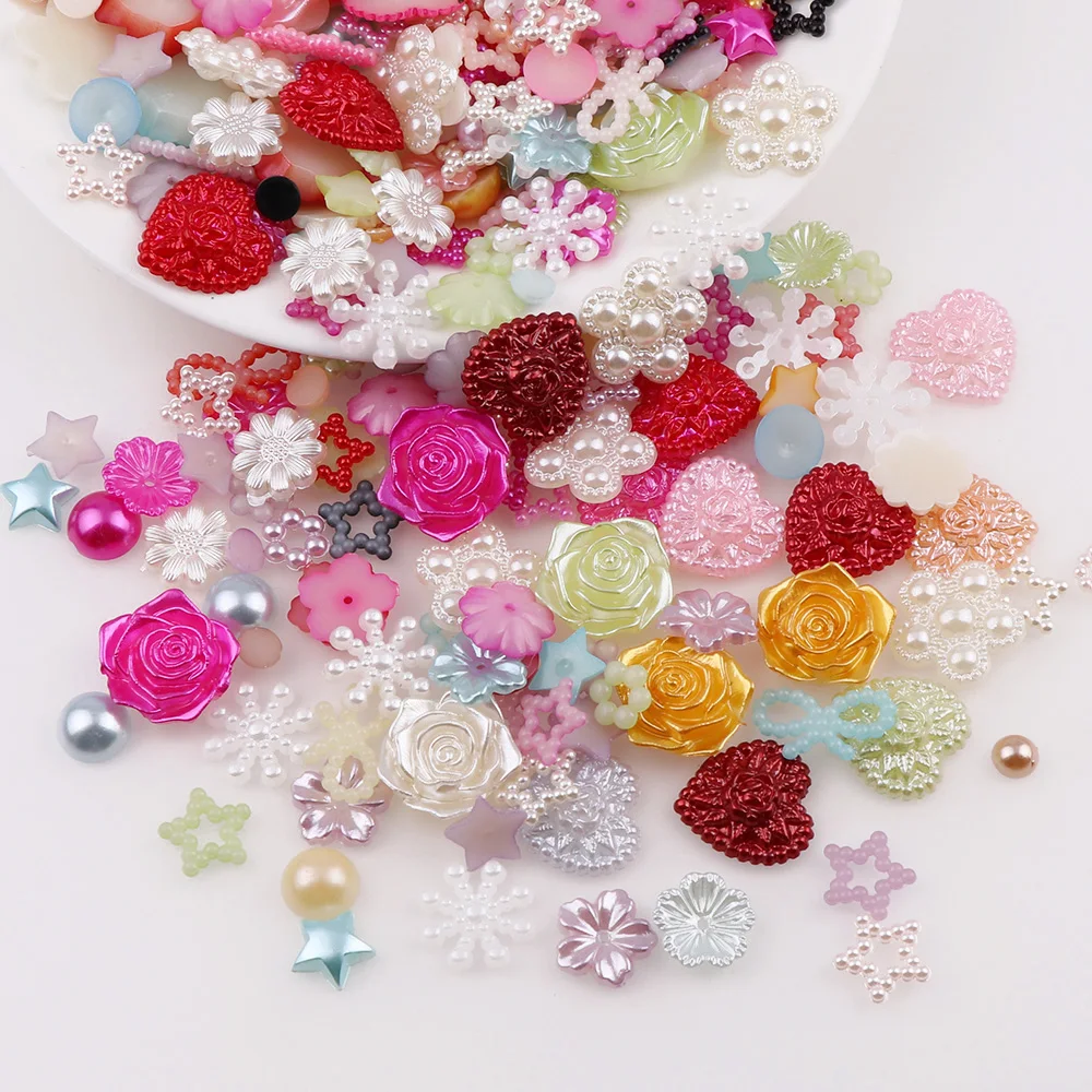 

About 20g/lot Random Mix Design Mix Color Flower Imitation Pearl Beads ABS Resin Flatback Simulated Pearl Beads Jewelry Crafts