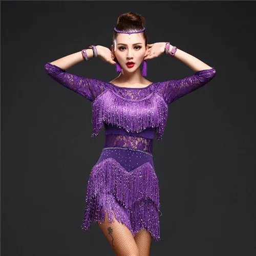 Латинские танцевальные платья для женщин/девочек Сексуальная юбка с бахромой для бальных танцев/Танго/Сальса/Румба/латинские платья Одежда для продажи - Цвет: Purple Long Sleeve