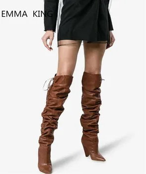 

Women Brown Pleated Over the Knee Boots Spike Heels Shoes Slip On Pointed Toe Leather Women High Heels Runway Chelsea Boots