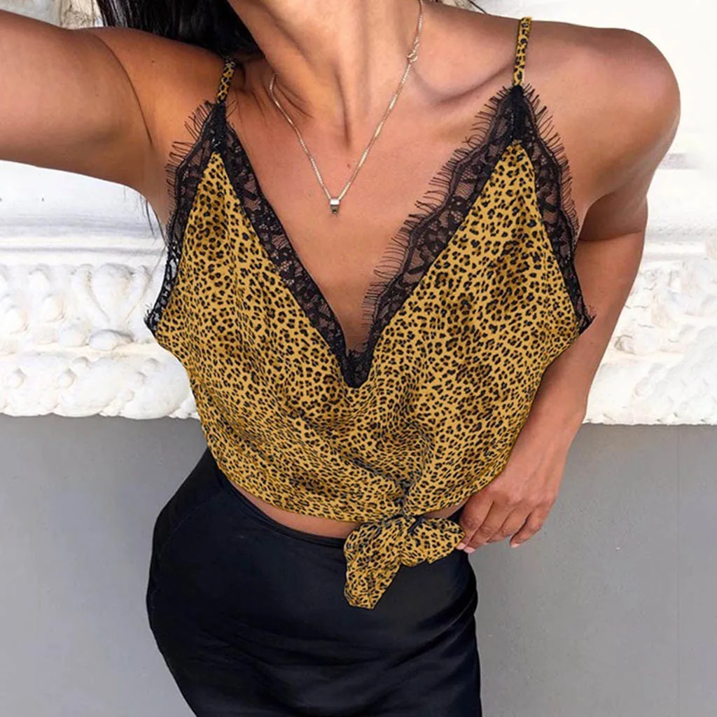 

Fashion Crop Top Design Slim Ladies Sexy Low Collar V-neck Sling Leopard Print Vest Loose Stretch Soft Daily Casual Summer Tops