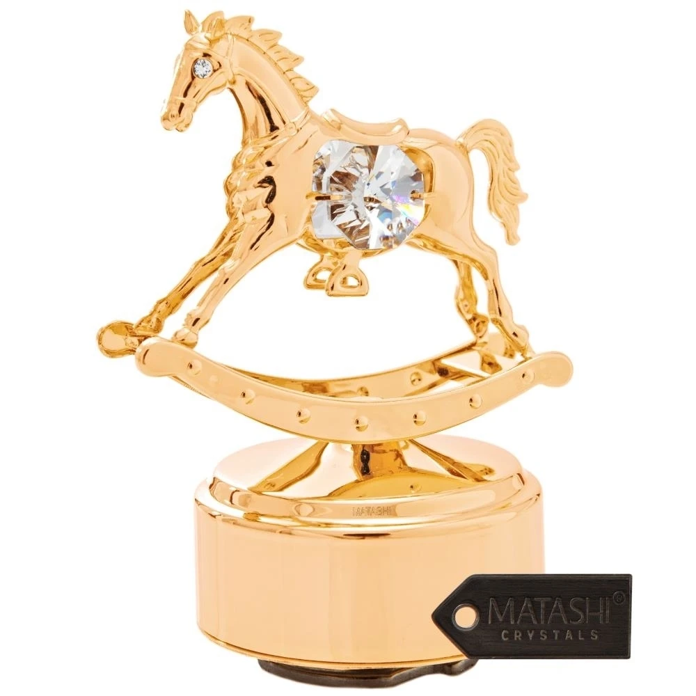 24K Gold Plated Music Box with Crystal Studded Rocking Horse Figurine by Matashi (1)