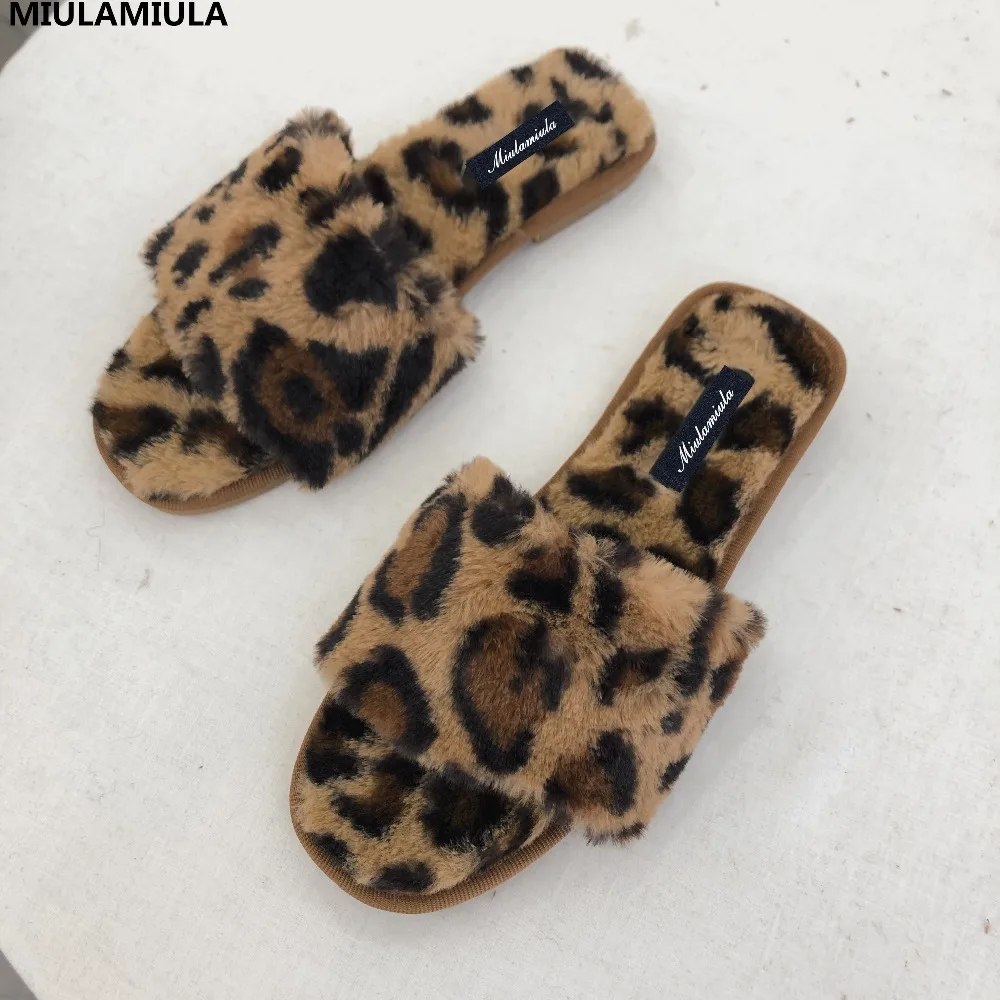 

MIULAMIULA Brand Designers 2019 Spring New Fashion Leopard Soft Hair Woman Flat Shoe Fur Slides Slip On Loafers Mules Flip Flops