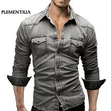 SHUJIN Мужская джинсовая рубашка с отложным воротником и длинным рукавом, Повседневная Уличная рубашка, мужская хлопковая рубашка camisa hombre