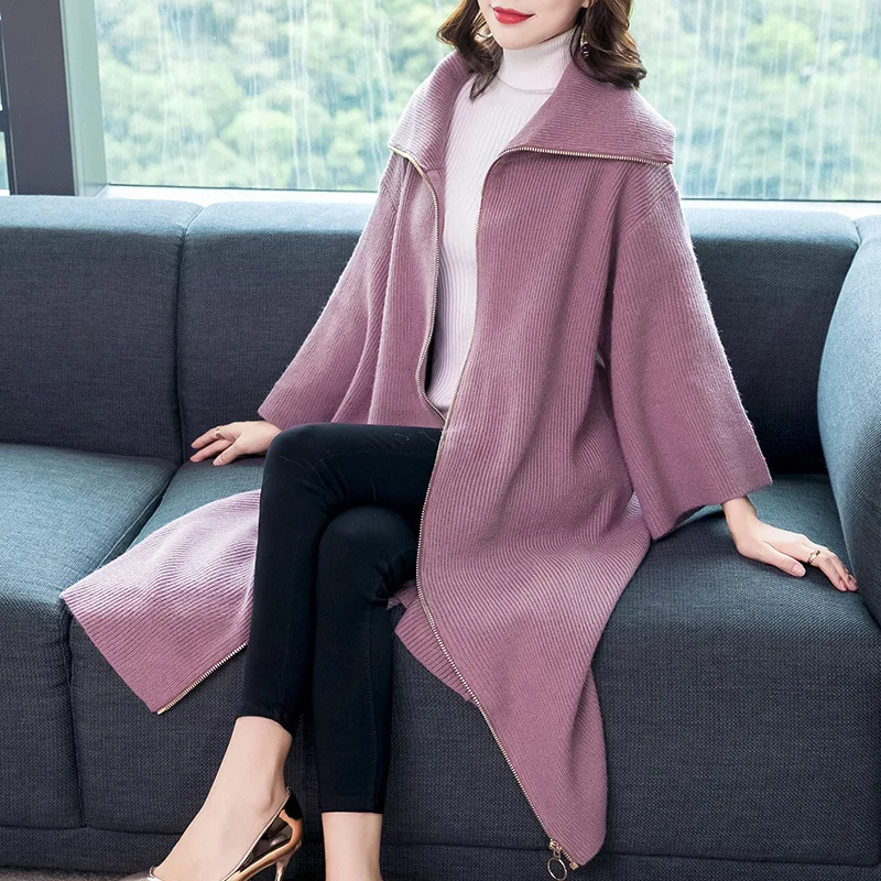 Zipper Taille 2018 purple Élégant Turn Tricoté Down Longues Manteau Automne Manches pink Hiver Col apricot Cardigan Femmes Black Large Pardessus khaki Flare YqIPA