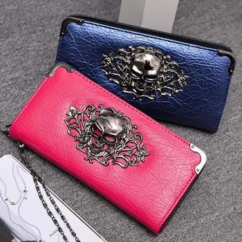 

2018 PU Leather Wallet Long Zipper Closed Wallet Female Clutch Coin Purse Women Wallets Skull Flower Design Lady Purses