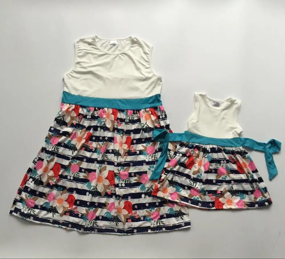 

SUMMER baby girls mommy & me stripe floral jade belt one piece milk silk family look set boutique ruffles kidswear knee length