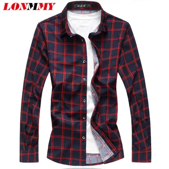 

LONMMY 5XL 6XL 7XL Long sleeve dress shirt mens cotton+fiber Plaid shirts men Casual brand-clothing Fashion 2018 Spring Autumn
