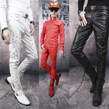 Осенне-зимние модные мотоциклетные штаны из искусственной кожи с заклепками Мужские штаны из искусственной кожи черные брюки для мужчин pantalon homme