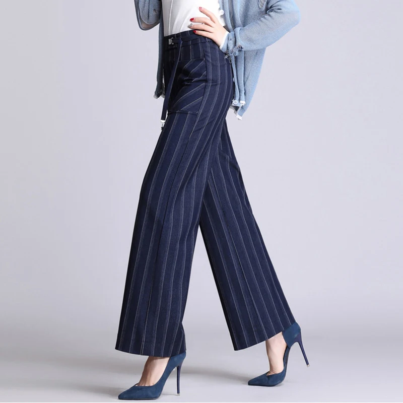 Женские Модные полосатые брюки, новые корейские широкие брюки, элегантные женские брюки с высокой талией, прямые офисные женские брюки размера плюс
