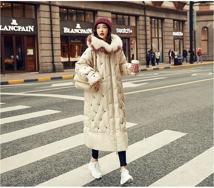 ZURICHOUSE Down Parka Women Long Hooded Fashion Embroidery Warm Natural Big Fur Collar White Duck Down Jacket Winter