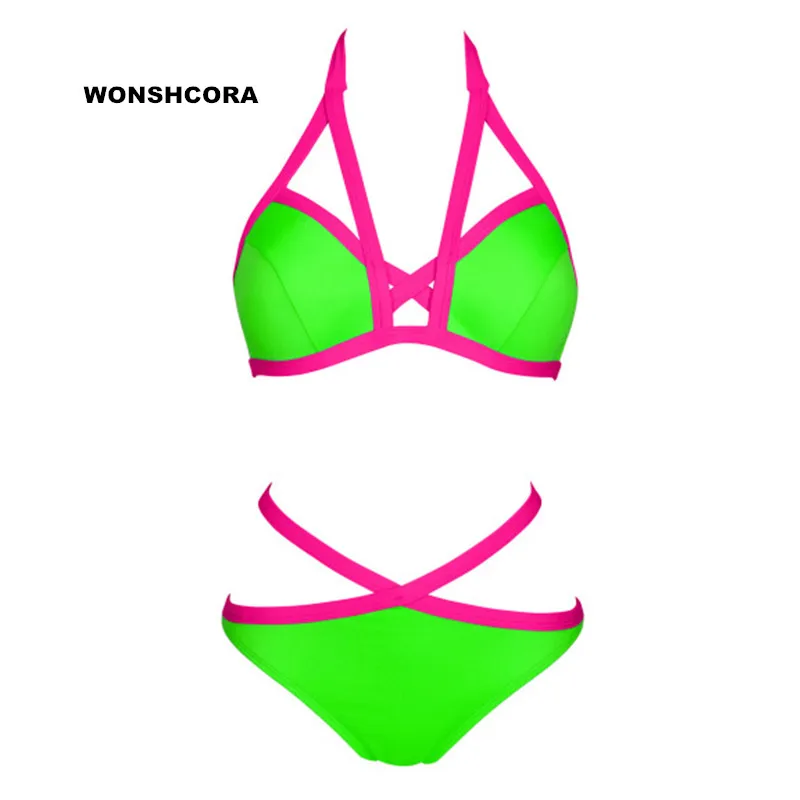 

WONSHCORA 2017 New Patchwork Color Sexy Women Bikini Set Bandage Women's Swimming Suit Low Waist Swimwear Swimsuit for Girls