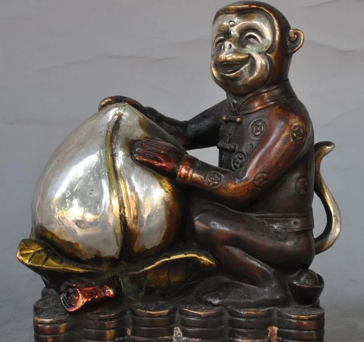 

7" chinese fengshui bronze zodiac Monkey Peach wealth coin auspicious statue