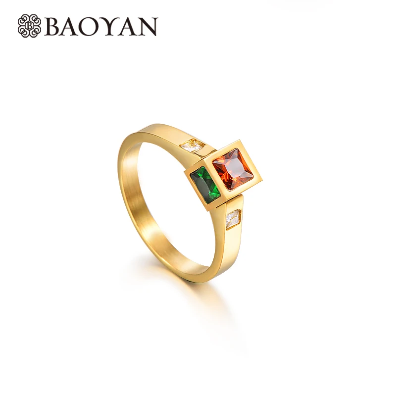 

Baoyan Elegant Geometric Red Zirconia Stone Ring Women Gold 316L Stainless Steel Rings For Women Engagement Wedding Jewelry